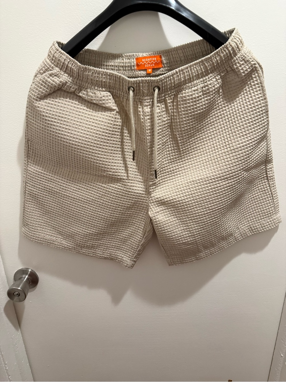 Men's Beige Waffle-Textured Swim Trunks with Drawstring